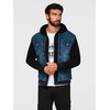 Men's denim jacket with knitted sleeves and hood - mėlynas and juodas V2 OM-JADJ-0220