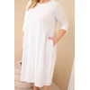 Moteriška Plus Size balta suknelė su rankogaliais ir kišenėmis