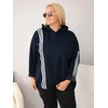 Moteriška Plus Size džemperio su gobtuvu su dekoratyvinėmis juostomis, tamsiai mėlynos spalvos