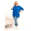 Moteriška Plus Size medvilninė palaidinė su dekoratyvinėmis sagomis, kobalto mėlynos spalvos
