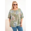 Moteriška Plus Size medvilninė palaidinė trumpomis rankovėmis, chaki spalvos su gėlių raštu