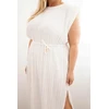 Moteriška Plus Size midi suknelė su surišimu ties juosmeniu, ekru spalvos