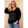 Moteriška Plus Size palaidinė su dekoratyviniu užrašu ir perliukais, juodos spalvos