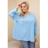 Moteriška Plus Size palaidinė su medvilne, kišene ir užlenkiamomis rankovėmis, mėlynos spalvos