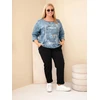 Moteriška Plus Size palaidinė su spauda ir U formos iškirpte, džinso mėlynos spalvos