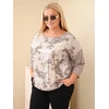 Moteriška Plus Size palaidinė su spauda ir U formos iškirpte, fango spalvos