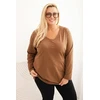 Moteriška Plus Size palaidinė su V formos iškirpte ir ilgomis rankovėmis, rudos spalvos