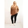 Moteriška Plus Size palaidinė su V formos iškirpte ir ilgomis rankovėmis, rudos spalvos