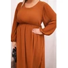 Moteriška Plus Size plisuota suknelė su ilgomis rankovėmis, kapučino spalvos