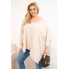 Moteriška Plus Size smėlio spalvos palaidinė su asimetriniu apačios kraštu ir V formos iškirpte
