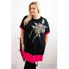 Moteriška Plus Size tunika su gėlių raštu ir dekoratyviniais perlais, fuksijos spalvos