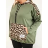 Moteriškas Plus Size džemperis su gobtuvu ir leopardo rašto detalėmis, chaki spalvos