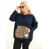 Moteriškas Plus Size džemperis su gobtuvu ir leopardo rašto intarpais, tamsiai mėlynas