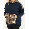 Moteriškas Plus Size džemperis su gobtuvu ir leopardo rašto intarpais, tamsiai mėlynas