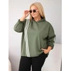 Moteriškas Plus Size džemperis su gobtuvu ir dekoratyvinėmis juostomis, chaki spalvos
