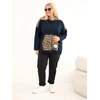 Moteriškas Plus Size džemperis su gobtuvu ir leopardo rašto intarpais, tamsiai mėlynas