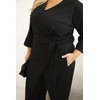 Moteriškas Plus Size juodas medvilninis kombinezonas su diržu ties juosmeniu ir 3/4 rankovėmis
