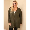 Moteriškas Plus Size kardiganas su pynių raštu ir sagomis, chaki spalvos