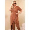 Moteriškas Plus Size kombinezonas su surišimu ties juosmeniu, smėlio ruda
