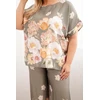 Moteriškas Plus Size komplektas su gėlėta palaidine ir plačiomis kelnėmis, chaki spalvos