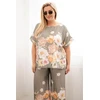 Moteriškas Plus Size komplektas su gėlėta palaidine ir plačiomis kelnėmis, chaki spalvos