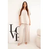 Moteriškas Plus Size komplektas su palaidine ir plačiomis kelnėmis, smėlio spalvos
