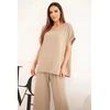 Moteriškas Plus Size komplektas su palaidine ir plačiomis kelnėmis, fango spalvos
