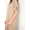 Moteriškas Plus Size komplektas su palaidine ir plačiomis kelnėmis, fango spalvos