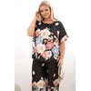 Moteriškas Plus Size komplektas su palaidine ir gėlių rašto plačiomis kelnėmis, juodas