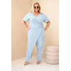 Moteriškas Plus Size medvilninis kombinezonas su surišimu ties juosmeniu, mėlynas