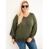Moteriškas Plus Size megztinis su nėrinių apačia, chaki spalvos