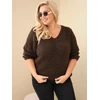 Moteriškas Plus Size megztinis su V formos iškirpte, rudas