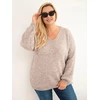 Moteriškas Plus Size megztinis su vilna ir V formos iškirpte, kapučino spalvos
