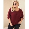 Moteriškas Plus Size megztinis V formos iškirpte, burgundiškos spalvos