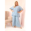 Moteriškas Plus Size tencel komplektas su palaidine ir plačiomis kelnėmis, šviesiai mėlynos spalvos