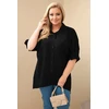 Moteriški Plus Size marškiniai iš medvilnės su sagomis ir apykakle, juodi