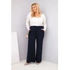 Moteriškos Plus Size kelnės plačiomis klešnėmis ir aukštu liemeniu, tamsiai mėlynos spalvos