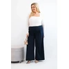 Moteriškos Plus Size kelnės plačiomis klešnėmis ir klostėmis, tamsiai mėlynos spalvos