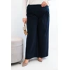Moteriškos Plus Size kelnės plačiomis klešnėmis ir klostėmis, tamsiai mėlynos spalvos
