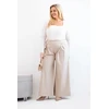 Moteriškos Plus Size kelnės plačiomis klešnėmis ir klostėmis, tamsiai smėlio spalvos