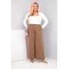 Moteriškos Plus Size kelnės plačiomis klešnėmis ir aukštu liemeniu, šviesiai smėlio spalvos
