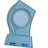 Plastikinis trofėjus - skaidrus - auksinis su vieta 50 mm lipdukui ir 65 mm x 23 mm TM plokštelei
