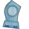 Plastikinis trofėjus - skaidrus - auksinis, su vieta 25/40mm lipdukui ir 56mmX18mm TM lentelės