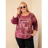Plus Size moteriška palaidinė su raštu ir U formos iškirpte, slyvų spalvos