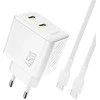 Dudao A28PCEU PD 45W GaN 2xUSB-C sieninis įkroviklis su USB-C laidu – baltas