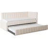 Sofa Minkšta lova 90x200 cm VILLEMO dvigulė su rėmu, sulankstoma, jaunystės kreminės spalvos bukle