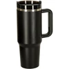 Termo puodelis su šiaudeliu ir rankenėle, 1200 ml talpos juodas termosas.