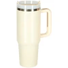 Termo puodelis su šiaudeliu ir rankenėle, 1200 ml talpos, kreminės spalvos termosas.