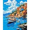 Viduržemio jūros pakrantės kaimo laivas — tapyba pagal skaičius, 40 × 50 cm
