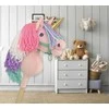 Super Hobby Horse Vienaragis ant lazdos Hobby Horse rožinis su spalvota karčiene ir auksiniu ragu